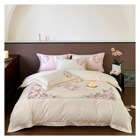 TEmkin 1000TC Premium Cotton Embroidery Flowers Bedding set White Pink Comforter Cover Bed Sheet 2 Pillow shams Queen King size, Luxury Bed in a Bag (A FITTED BED SHEET_KING 4PCS)