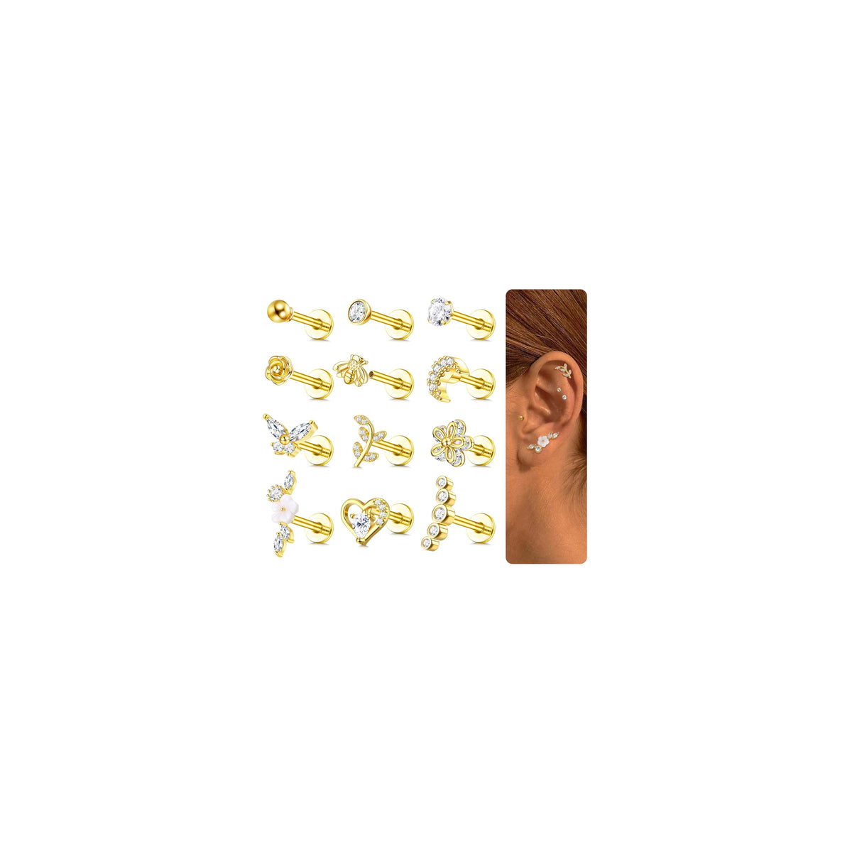 YADOCA 12Pcs 16G Tragus Earrings for Women Cartilage Earring Flat Back Stainless Steel Top Screw CZ Butterfly Bee Flower Moon Heart Flatback Stud Earrings Labret Conch Helix Cartilage Tragus Piercing Jewelry Set Gold Tone 6MM