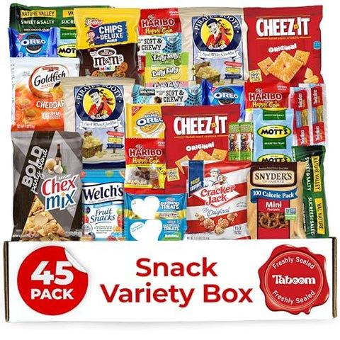 Snack Box Pack 45 Pcs Candy Variety Pack - Snack Box Variety Pack Care Package Christmas Candy Basket Full of Delicious Sweets for Children and Adults - Candies And Snacks for All Ages. Special