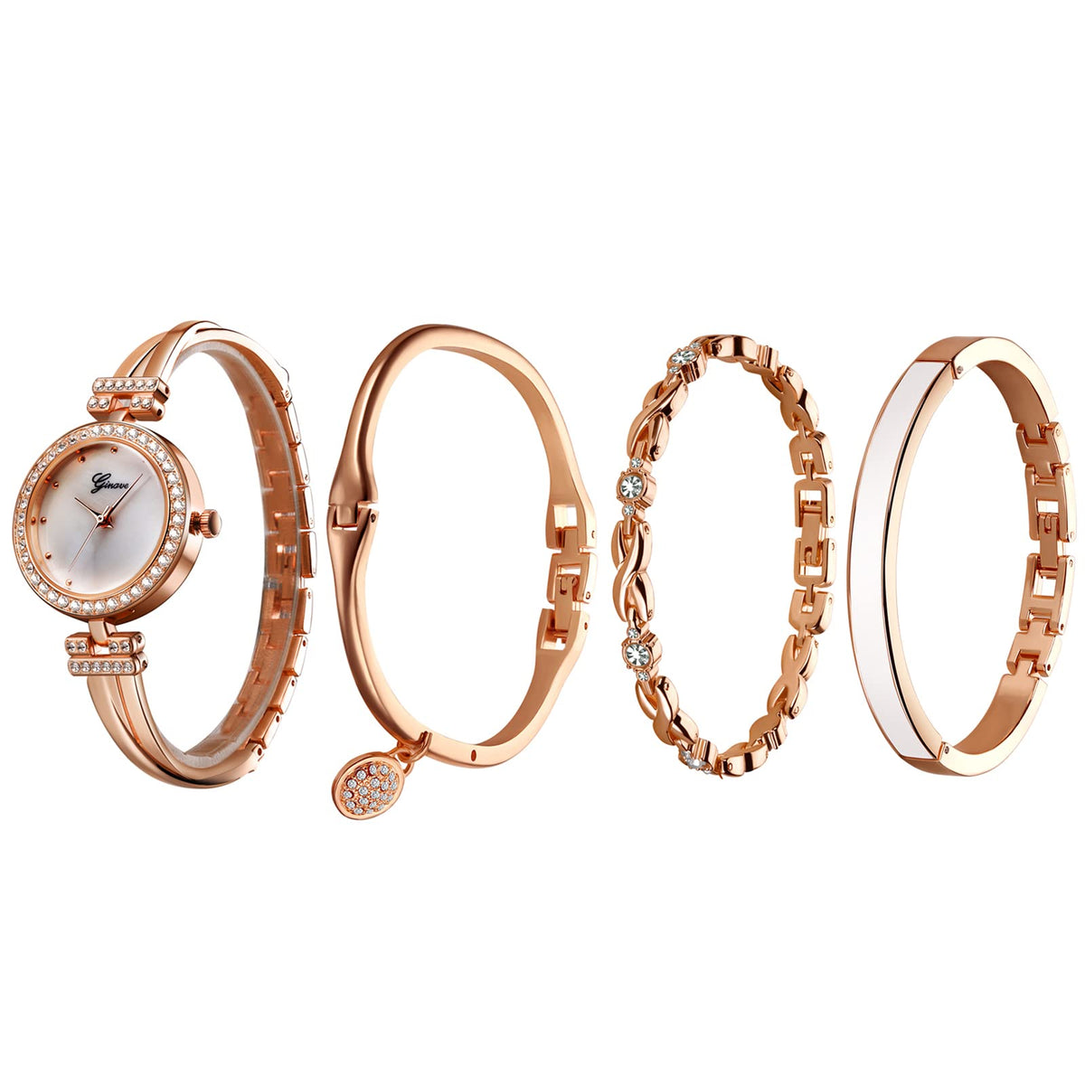 JewelryWe Women's Bangle Watch and Bracelet Set Quartz Wristwatch Elegant Rhinestone Dress Watch Bracelet Set for Ladies