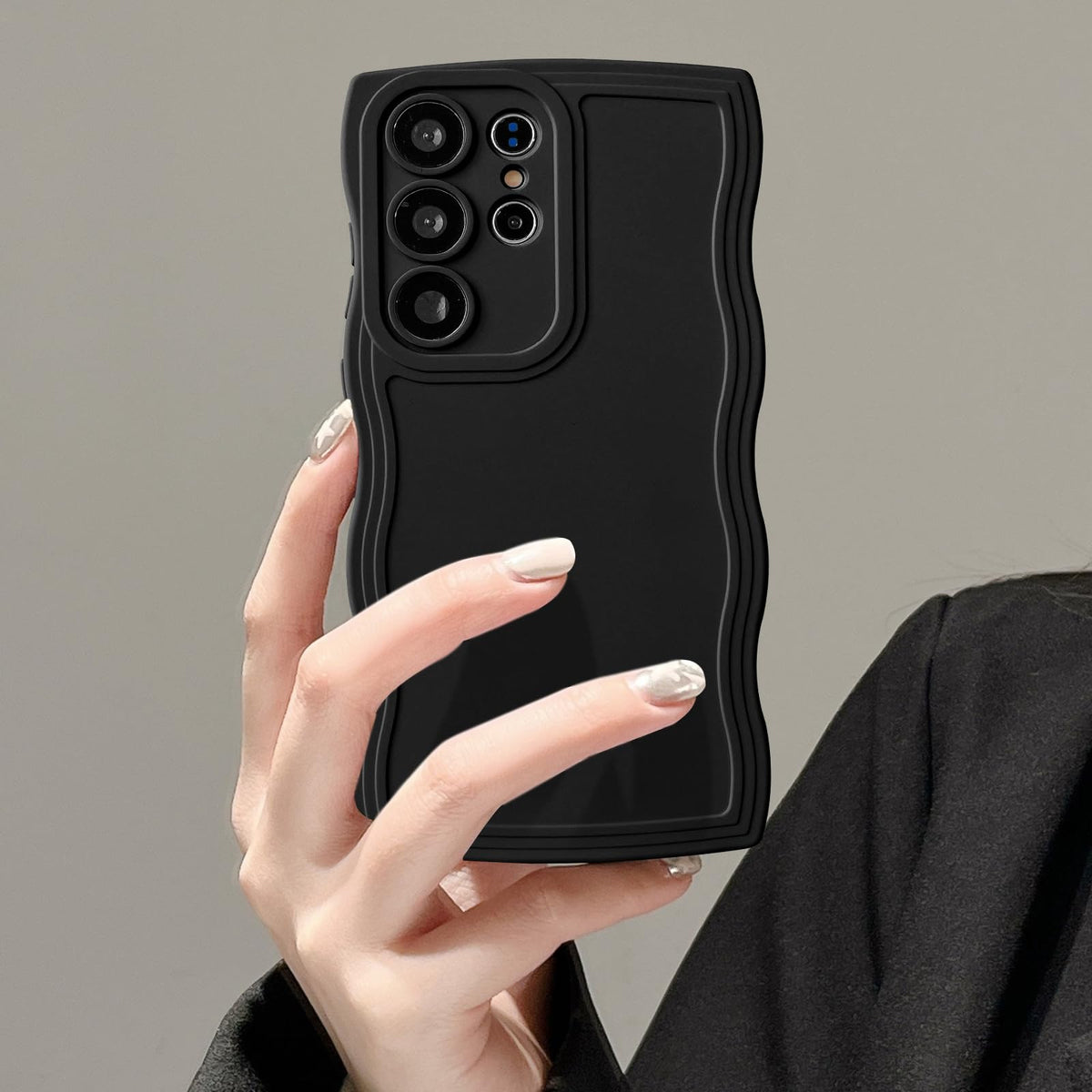 UEEBAI Wave Frame Case for Samsung Galaxy S23 Ultra 5G Phone Case,Cute Wave Frame Slim Fit Shockproof Phone Bumper Cover Soft Pretty Curly Wavy Case Anti-Scratch TPU Case - Black