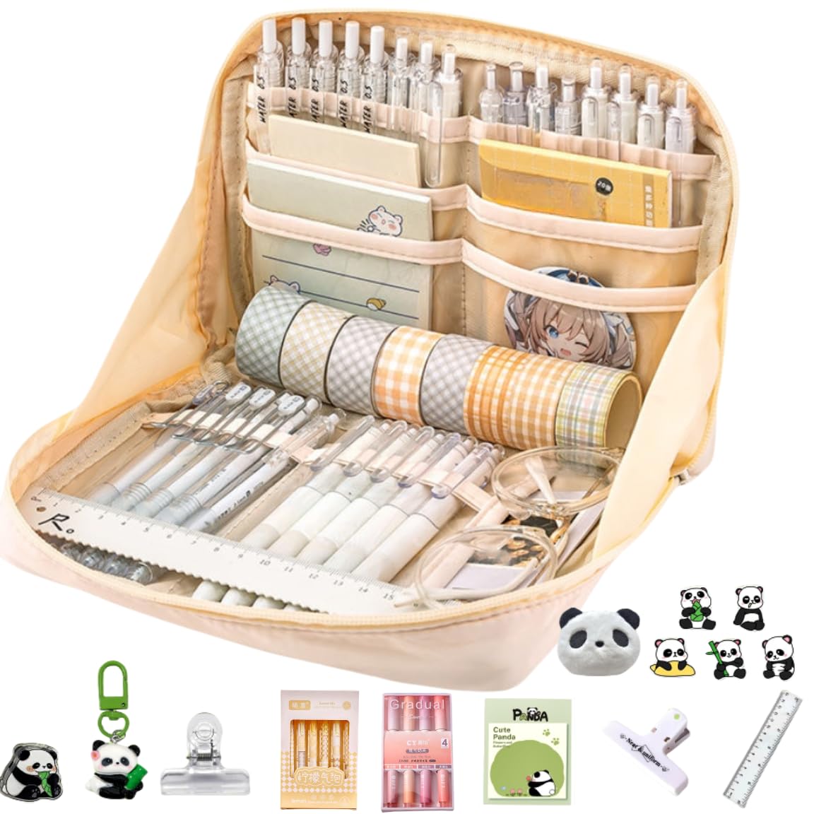 UIVXXUD Kawaii Cute Aesthetic Pencil Case - Large Capacity Canvas Pen Pouch Bag (Beige 11 PCS Set)