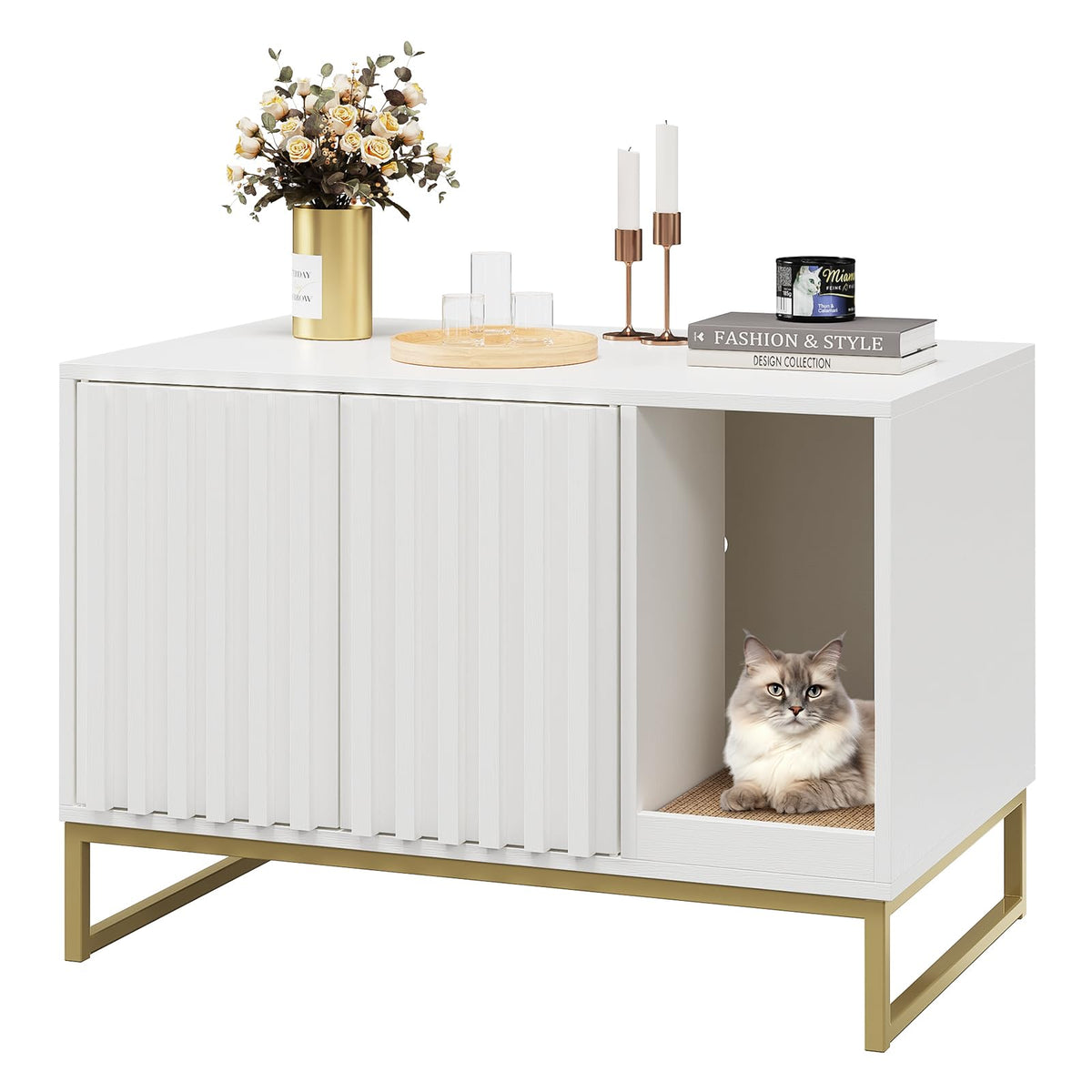 Fienveorn Litter Box Enclosure,Modern Cat Litter Box Enclosure Furniture Hidden Litter Box with Cat Scratch Pad, Cat Washroom Cat House End Table, Entryway Bench for Livingroom (White)