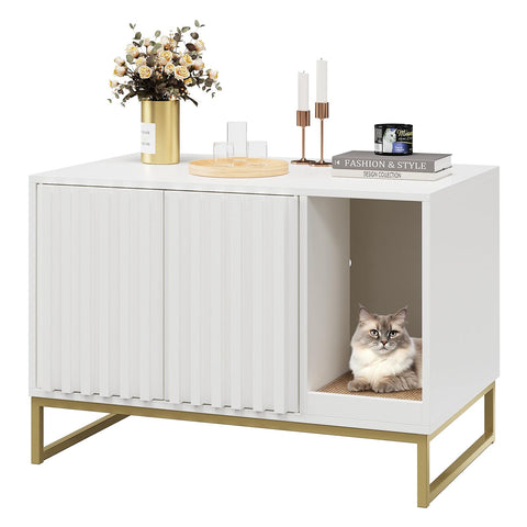 Fienveorn Litter Box Enclosure,Modern Cat Litter Box Enclosure Furniture Hidden Litter Box with Cat Scratch Pad, Cat Washroom Cat House End Table, Entryway Bench for Livingroom (White)