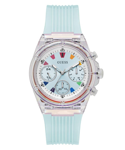 GUESS Women's 39mm Watch - Blue Strap Blue Dial Clear Case