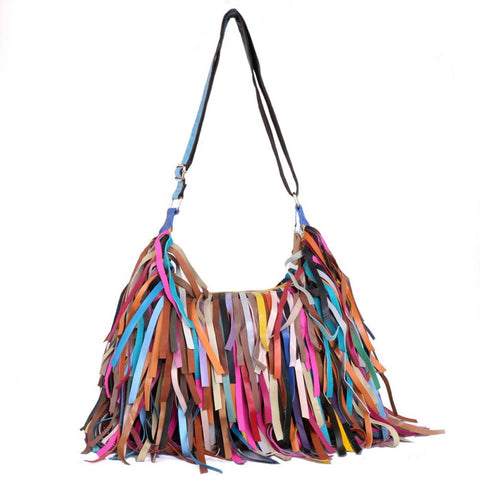 Segater Women Multicolour Hobo Bag Sheepskin Random Patchwork Shoulder Bag Colorful Tassels Handbag Purses