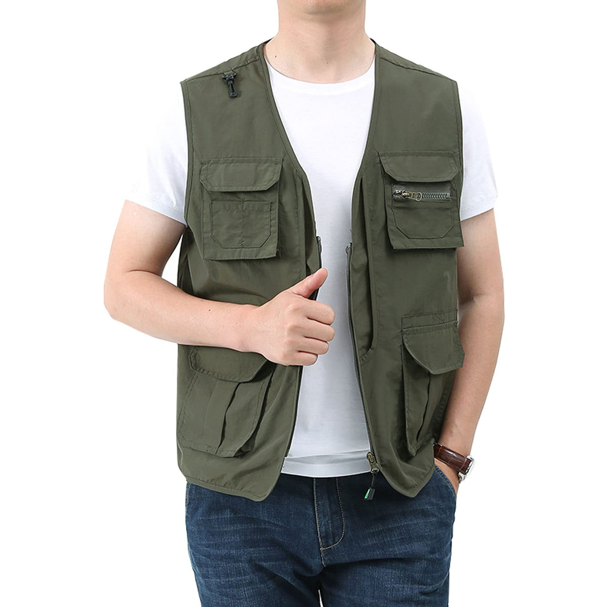 Perbai Men's Black Utility Fishing Vest Outdoor Summer Lightweight Work Photo Safari Cargo Vest(ArmyGreen-XS)