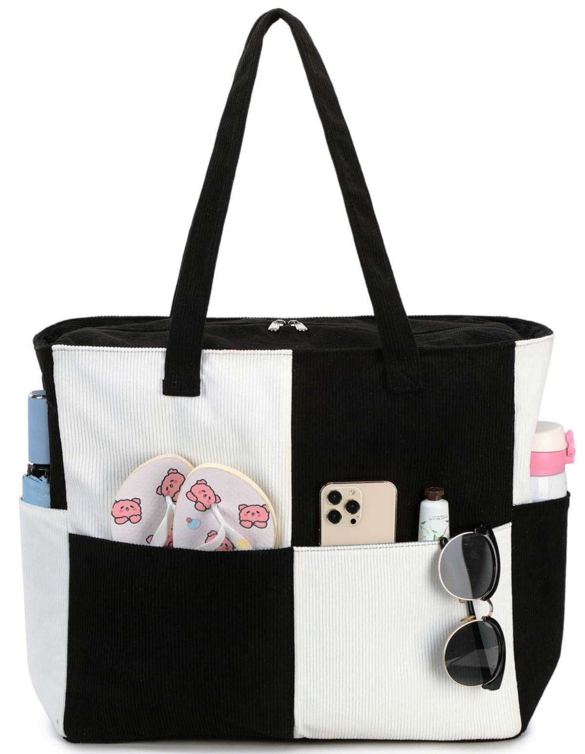 Waterproof Beach Tote Pool Bags for Women Ladies Extra Large Gym Tote Carry On Bag With Wet Compartment for Weekender Travel (Black splice)