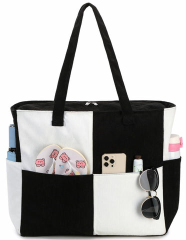 Waterproof Beach Tote Pool Bags for Women Ladies Extra Large Gym Tote Carry On Bag With Wet Compartment for Weekender Travel (Black splice)