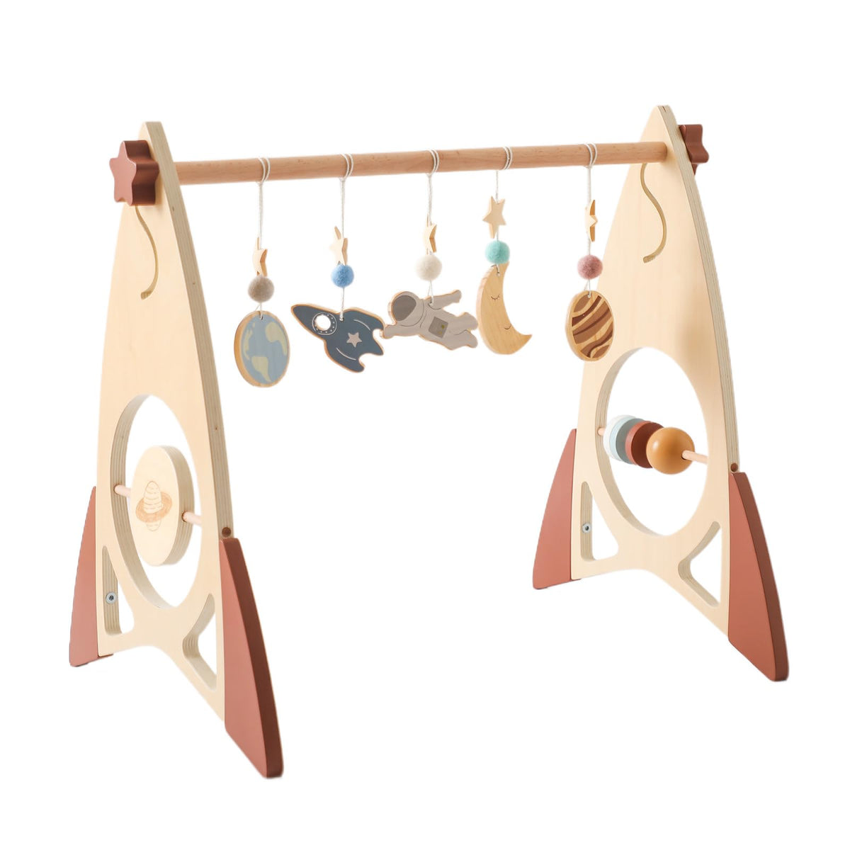 Promise Babe Play Gym Wood Newborn Baby,Babies Rocket Design Wooden Baby Gym Play Arch Astronauts Gym Toys Pendants for Gripping Universe Rocket Baby Wooden Activity Gym Standing Toddler Activity Gym