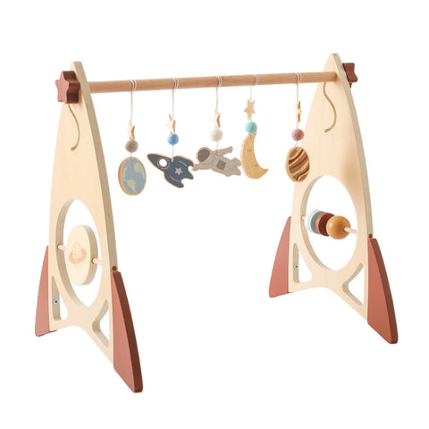 Promise Babe Play Gym Wood Newborn Baby,Babies Rocket Design Wooden Baby Gym Play Arch Astronauts Gym Toys Pendants for Gripping Universe Rocket Baby Wooden Activity Gym Standing Toddler Activity Gym