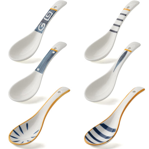 Ceramic Asian Soup Spoons Set of 4 Japanese Ramen Soup Spoons Porcelain Chinese Soup Spoons for Ramen Noodles Udon Pho Rice Gravy (Style 2)