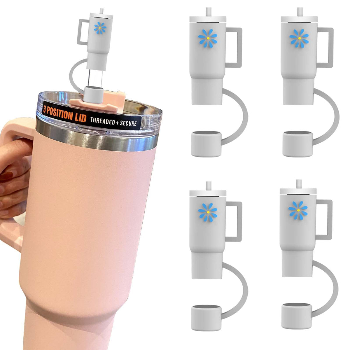 AIERSA 4Pcs Straw Cover Cap for Stanley Cup, Silicone Straw Topper Compatible with Stanley 30&40 Oz Tumbler with Handle,Straw Tip Covers for Stanley Cups Accessories -Grey