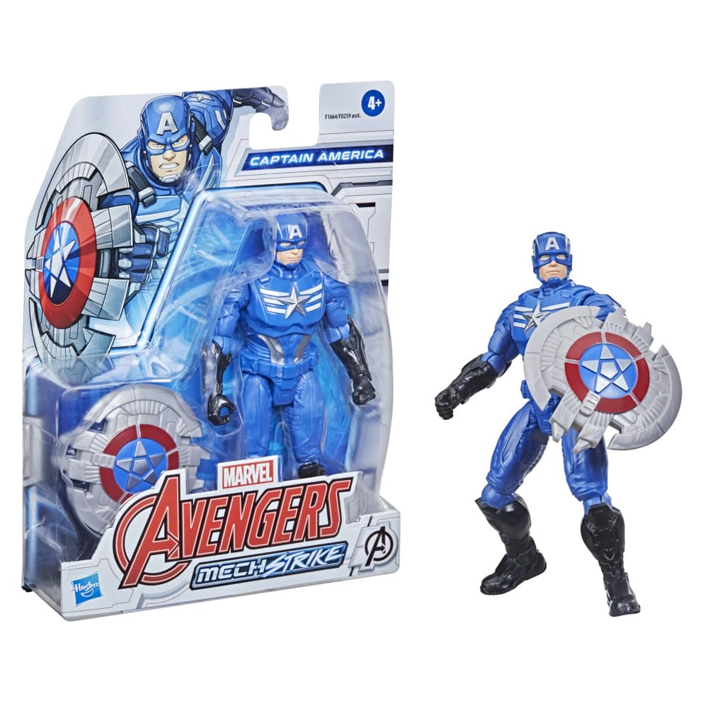 Avengers Marvel Mech Strike 6-inch Scale Action Figure Toy Captain America with Compatible Mech Battle Accessory, for Kids Ages 4 and Up, Black