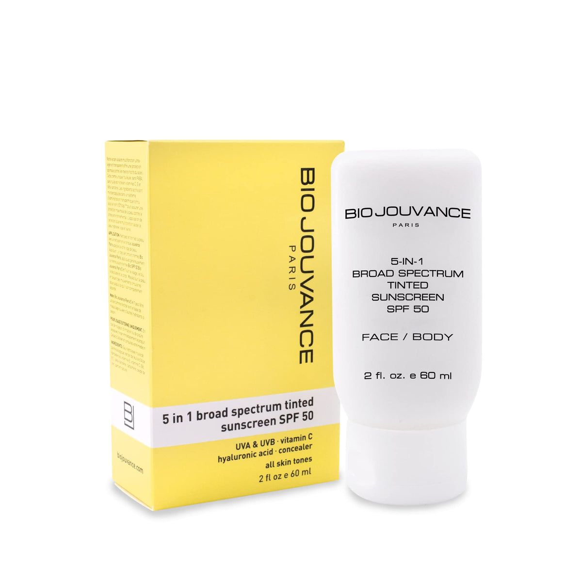 Bio Jouvance - 5-in-1 Tinted Sunscreen SPF 50 Universal 2oz / 60ml - Broad Spectrum | Hydrating Sunburn Lotion | Mineral Zinc Oxide Sun Block | Professional Facial Skin Care Treatment | Made in France
