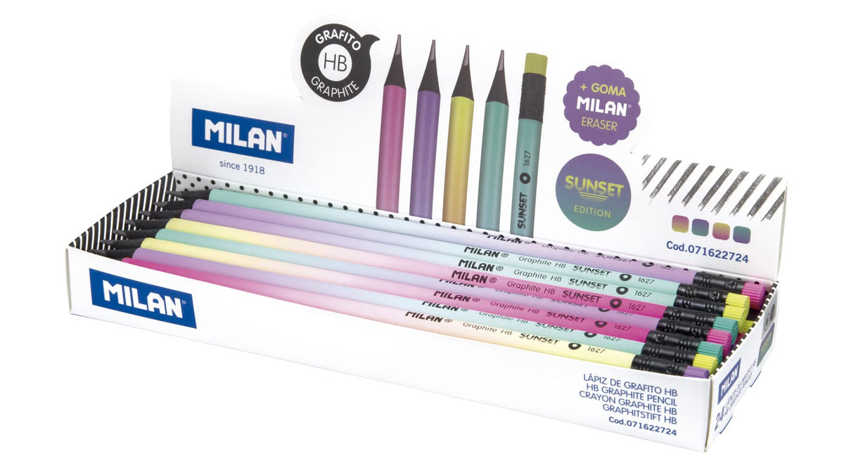 MILAN Sunset HB Graphite Pencils Basswood Black with Eraser Assorted Colors