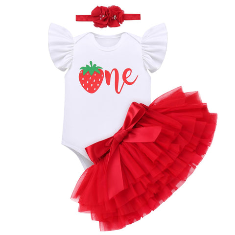 IMEKIS My Berry First Birthday Outfit: Strawberry One Birthday Outfit Girl Romper Strawberry Baby Dress Ruffle Tutu Skirt Toddler One Year Old Cake Smash Photoshoot Red Strawberry One 1T
