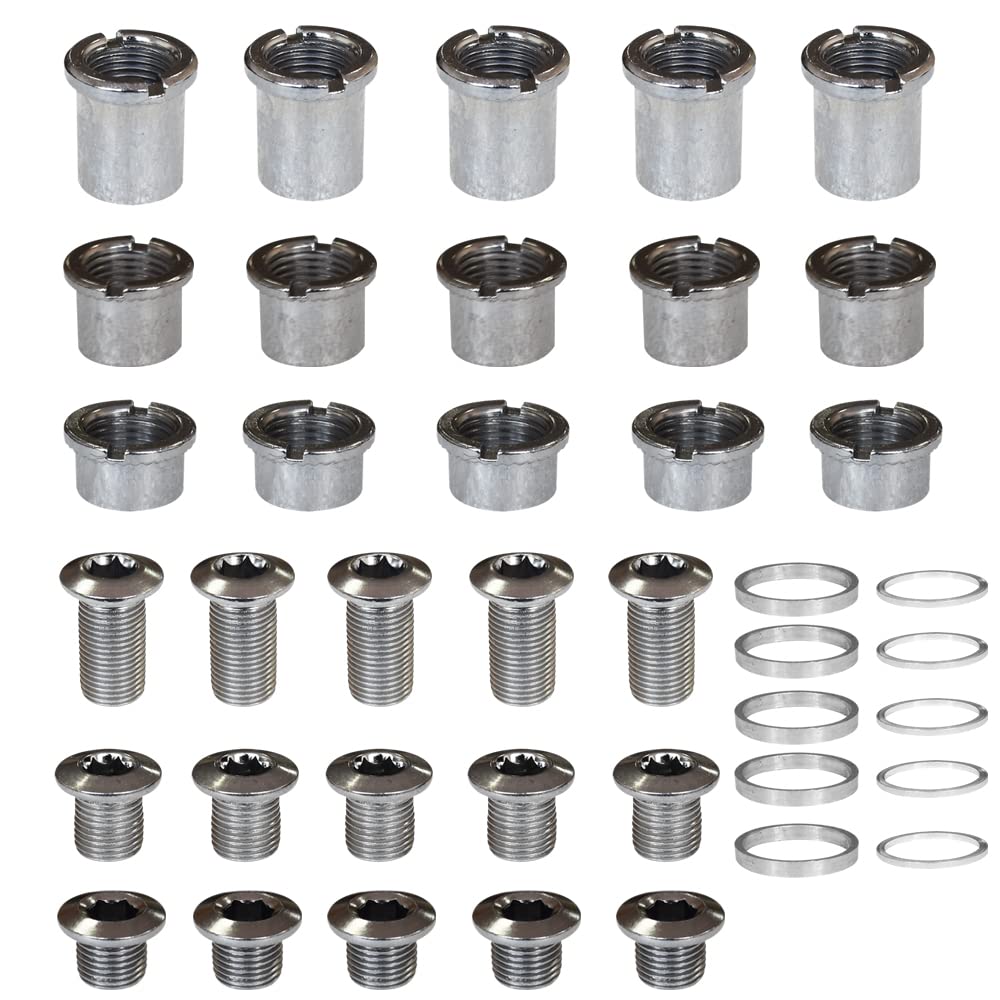 Albedel 5 pcs for each Single/Double/Triple Chainring Bolts Screws Disc Crankset Nuts Chainwheel + 10 pcs Washers Fit for Road Bike Mountain Bike MTB (25 pcs)