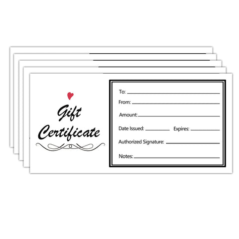 Gift Certificates for Business-50 Blank Gift Certificate Cards for Spa,Salon, Restaurants,Custom Client Vouchers for Birthday,Work Gift Card-5x2.5"