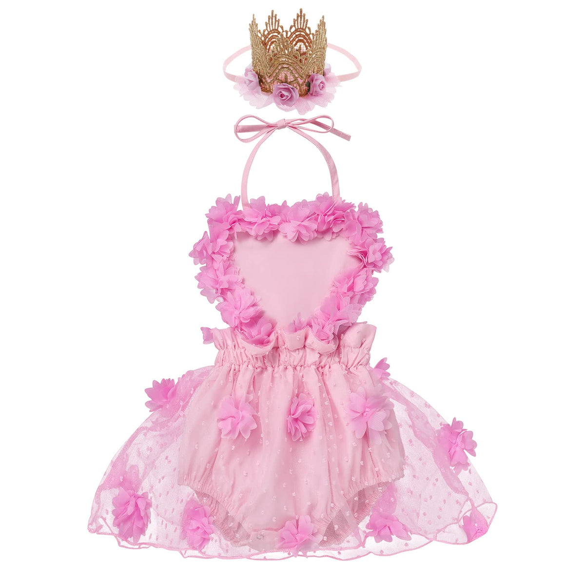 Infant Newborn Baby Girl Romper Dress First Birthday Dress Cake Smash Outfits Toddler One Year Bubble Romper Onesie 1st Birthday Photo Shoot Easter Baptism Tulle Dress Pink Flower (2PCS) 12-18 Months