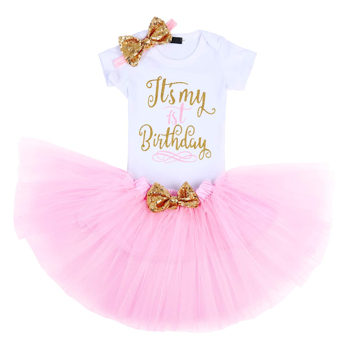 First Birthday Outfit Baby Girl Princess Bodysuit Tutu Skirt Elastic Headband Clothes 3PCS Set Photography Prop Playsuit Celebration Pink 1st Birthday