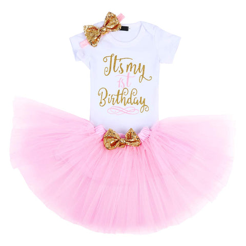 First Birthday Outfit Baby Girl Princess Bodysuit Tutu Skirt Elastic Headband Clothes 3PCS Set Photography Prop Playsuit Celebration Pink 1st Birthday