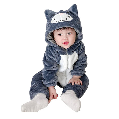 maxToonrain Baby Grey Cat Costume Romper Toddler Boys & Girls Role-Playing Outfit with Zipper Hooded Flannel Cat Onesie Pajamas (0-6 Months)