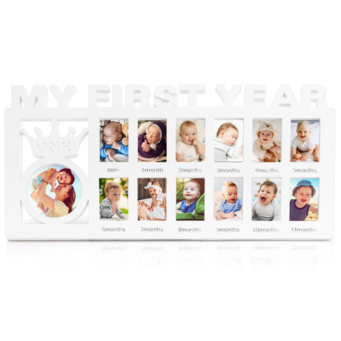 Eorbow Newborn Baby Picture Frame, 15" x 7.3" My First Year Frame, Plastic 12 Month Baby Photo Frame, Monthly Milestone Keepsake Frame for Memories, 1st Birthday Gift, 13 Photo Inserts