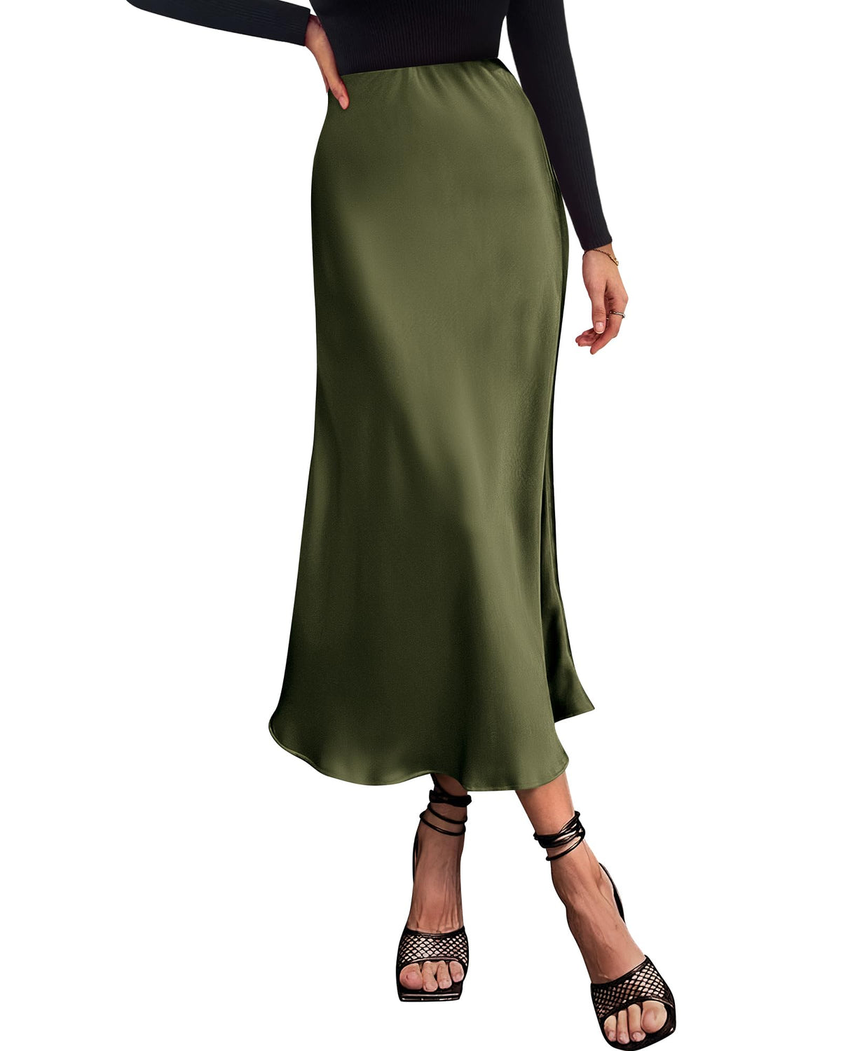 BTFBM 2024 Women Long Satin Summer Fall Skirt Silk Elegant High Waist Cocktail Party Wedding Flared A-Line Midi Skirts(Solid Light Army Green, Medium)