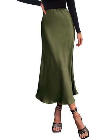 BTFBM 2024 Women Long Satin Summer Fall Skirt Silk Elegant High Waist Cocktail Party Wedding Flared A-Line Midi Skirts(Solid Light Army Green, Medium)