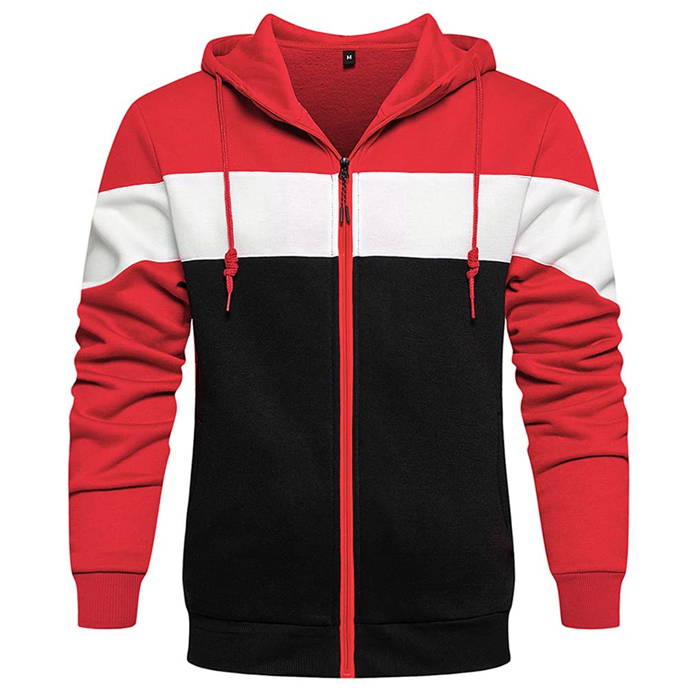 DUOFIER Men's Full-Zip Hooded Fleece Sweatshirt Color Blocking Hoodies, Red-L