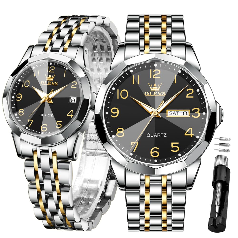 OLEVS Wedding Couple Watches Men and Women Gift Set Luminous Calendar Business Dress Luxury Gold His and Hers Wristwatch Waterproof Matching Watches Couples Lovers Romantic Wrist Watches