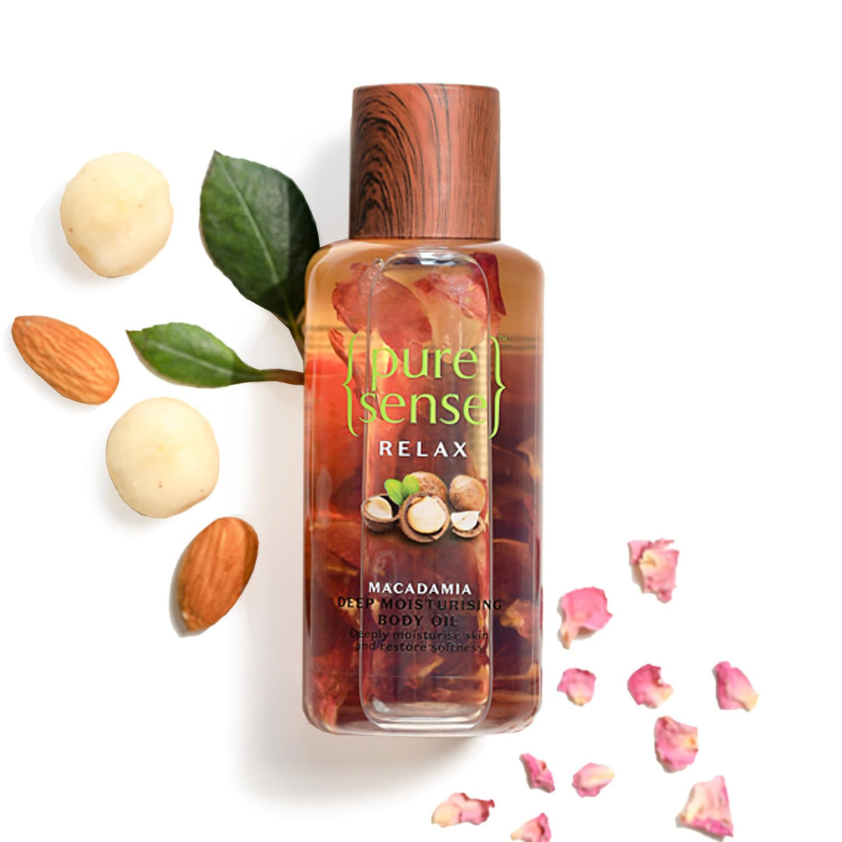 PureSense Macadamia Deep Moisturising Body Oil for All Skin Types with Rich Almond Oil & Rose Petals, Nourishes Skin, Relaxes Senses, Sulphate & Paraben Free, 100 ml