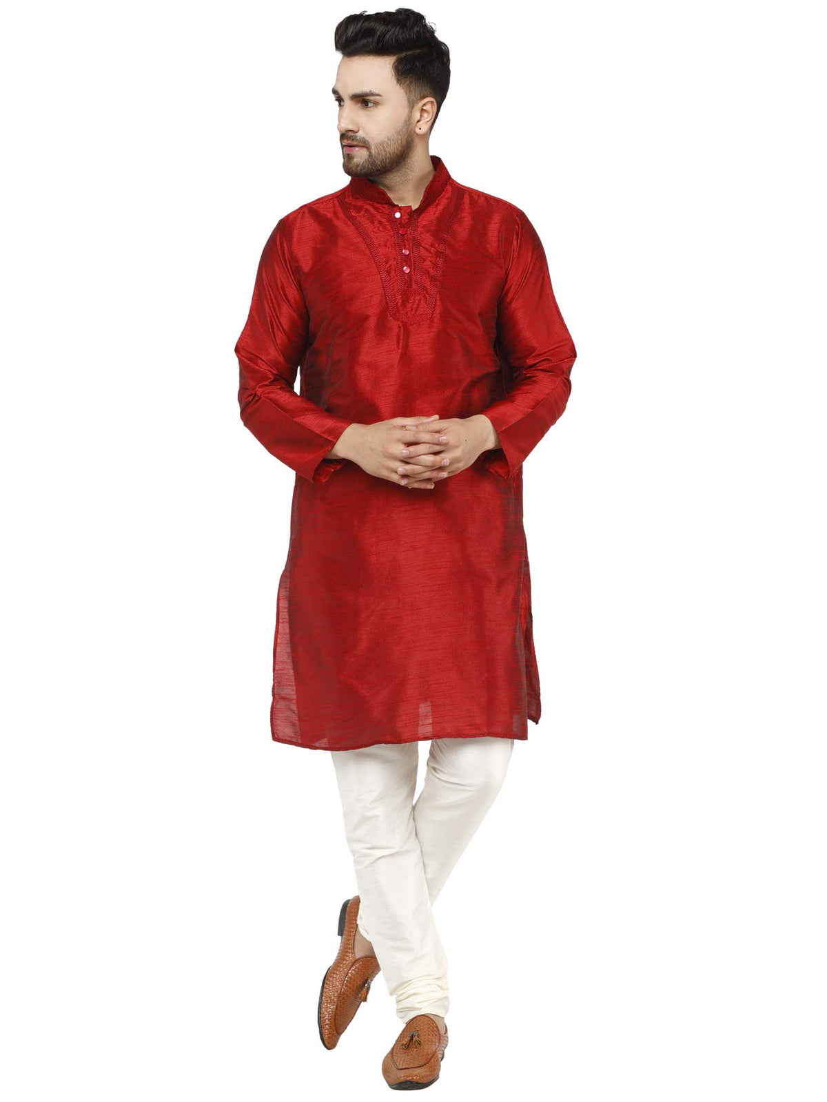 SKAVIJ Mens Tunic Art Silk Kurta Pajama Indian Ethnic Dress Set (Medium, Red)