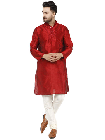 SKAVIJ Mens Tunic Art Silk Kurta Pajama Indian Ethnic Dress Set (Medium, Red)