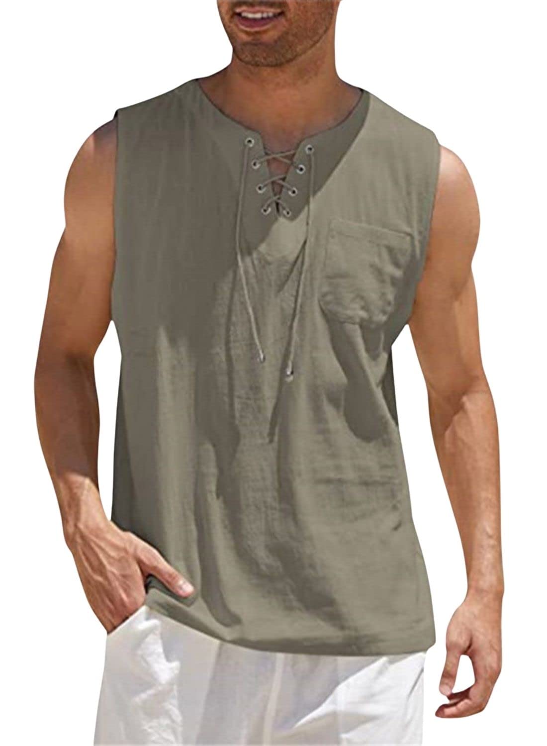 utcoco Men's Summer Beach Hippie Sleeveless Shirts Lace Up Cotton Linen Tank Tops with Pocket (Large, Camel)