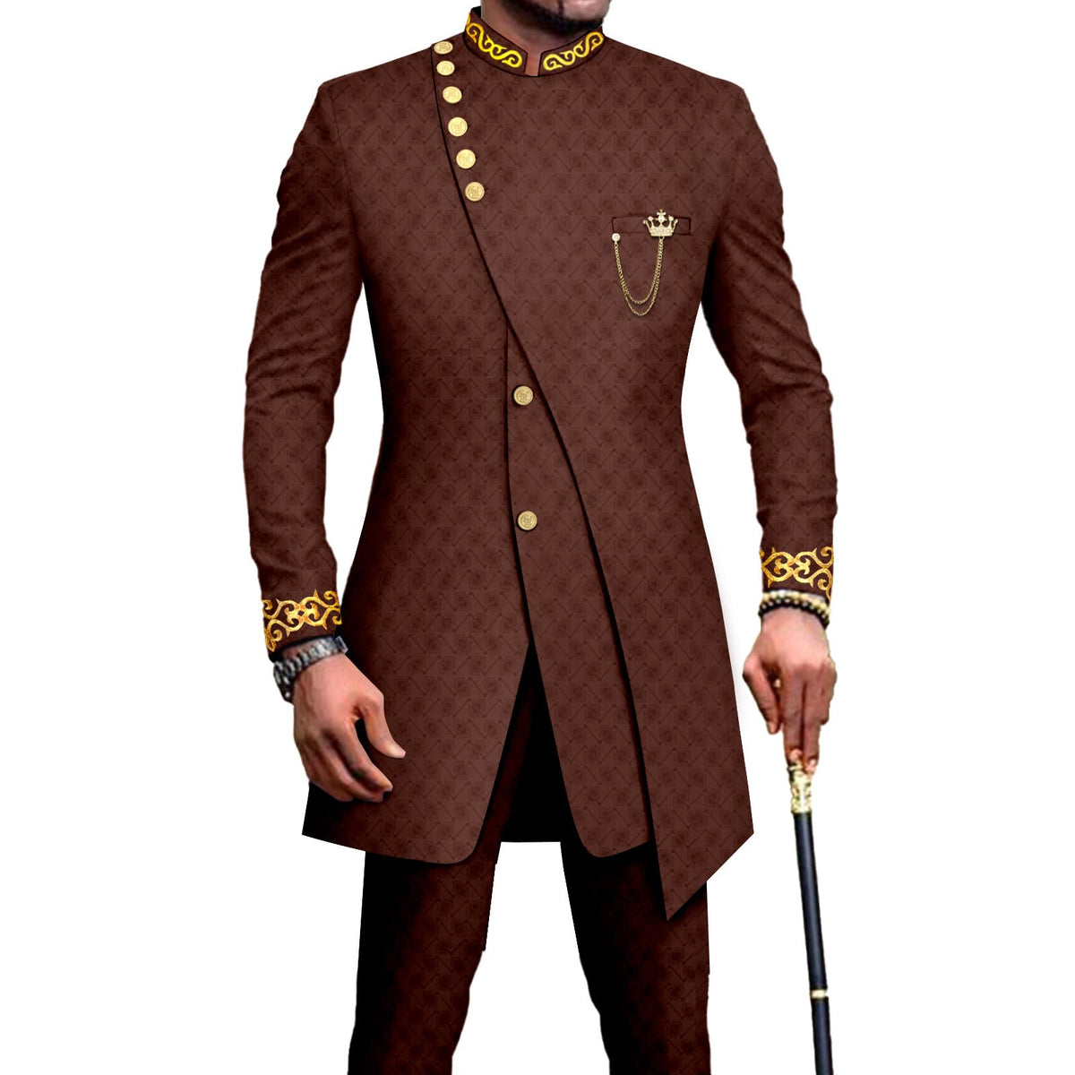 Men`s Suit Double Breasted Slim Fit Embroidery Chain Blazer and Pants Set Dashiki Outfits African Clothes, Brown, L