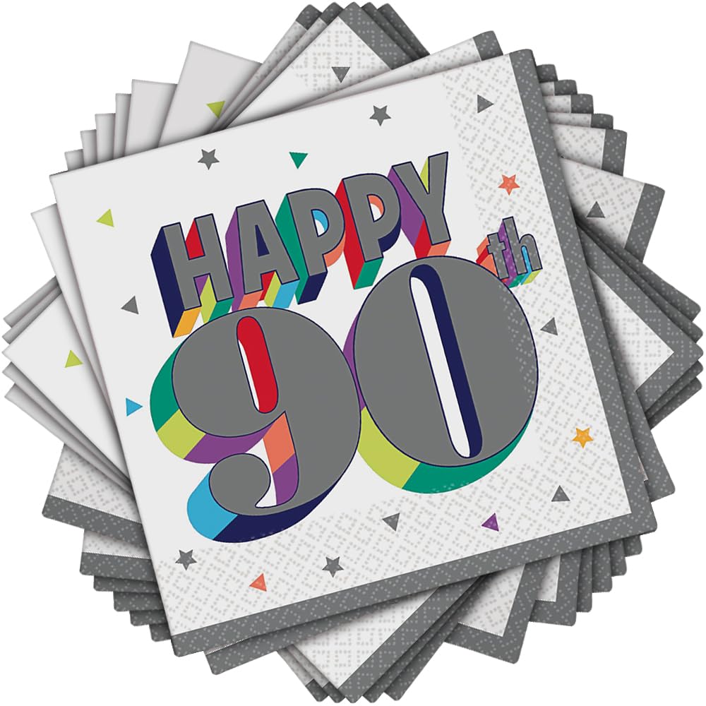 Multicolor Here's To 90 Beverage Napkins, 5" x 5" - 16 Count, Soft & Absorbent Paper Napkins, Festive Designs - Perfect For Celebrations, Milestone Birthdays & Events