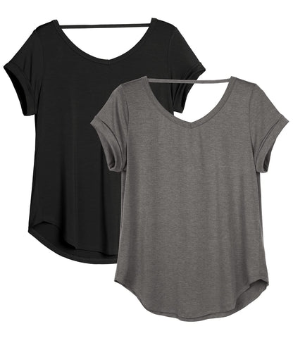 icyzone Open Back Yoga Shirts for Women - Exercise Workout Tops, Athletic Short Sleeves, Running T-Shirts Loose Fit (Black/Charcoal, M)