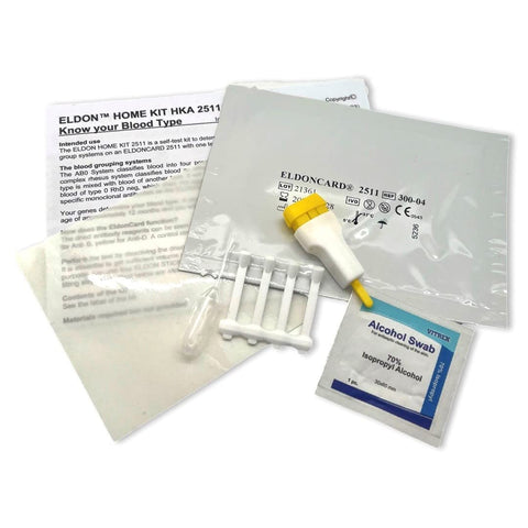Eldoncard INC Blood Type Test (COMPLETE KIT) - Find out if you are A, B, O, AB & RH- Results in Minutes - Air Sealed Envelope, Safety Lancet, Micropipette, Cleansing Swab - 1 Pack