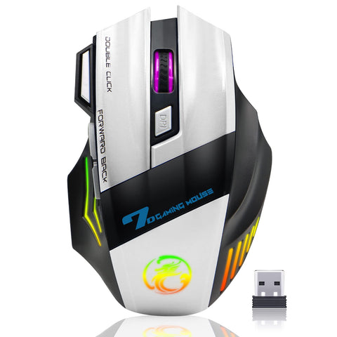 VEGCOO Wireless Gaming Mouse, Rechargeable Silent Wireless Mouse with 4800 DPI Adjustable,Double Click Key, Colorful RGB Lights, Computer Mice with Thumb Rest for PC/Mac Gamer (C26 White)