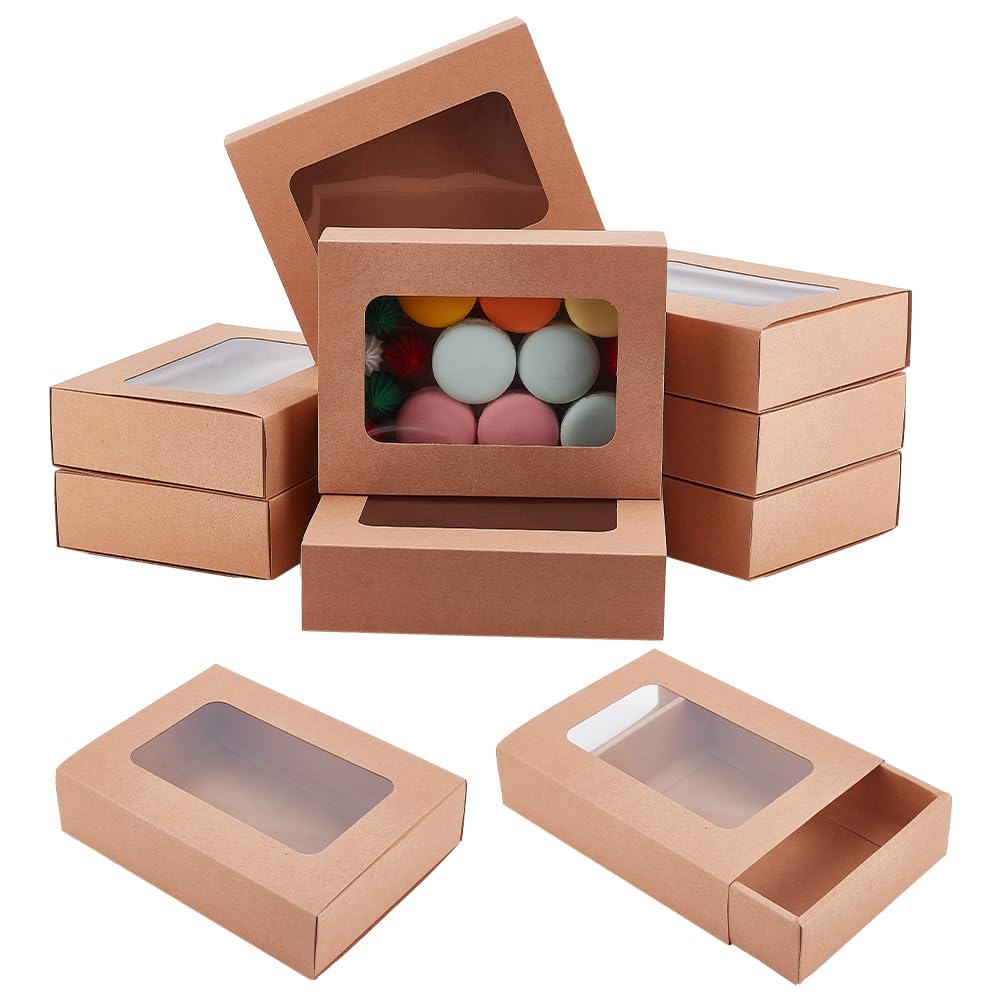 BENECREAT 10 Packs 7.3x5.67x1.77inch Folding Kraft Paper Gift Boxes, Rectangle Cardboard Jewelry Gift Drawer Boxes with PVC Window for Birthday Party Favor Treats Bakery and Candy