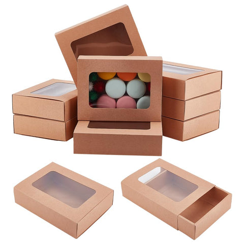 BENECREAT 10 Packs 7.3x5.67x1.77inch Folding Kraft Paper Gift Boxes, Rectangle Cardboard Jewelry Gift Drawer Boxes with PVC Window for Birthday Party Favor Treats Bakery and Candy