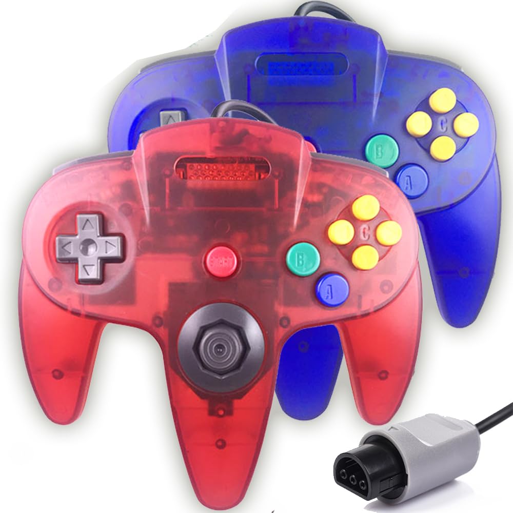 Tevodo N64 Controller, Upgraded Joystick Classic Wired Controller Compatible with N64 Console (Clear Red and Clear Blue)