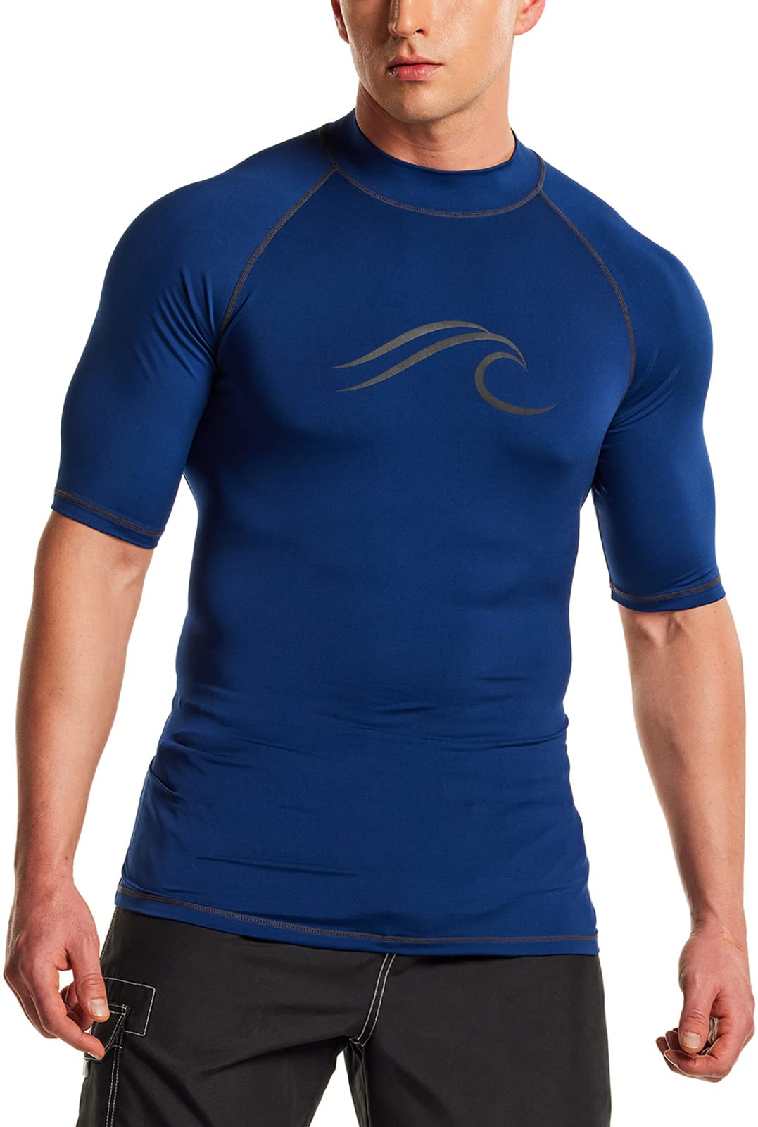 ATHLIO Men's UPF 50+ Rash Guard, UV/SPF Short Sleeve Swim Shirt, Active Water Beach Surf Swimsuit Top, Wave Navy & Charcoal, Large