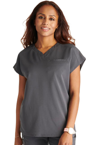 Cherokee V-Neck Women's Scrub Top with Dolman Sleeves & High-Low Shirttail Hem for Comfort CK836A, L, Pewter