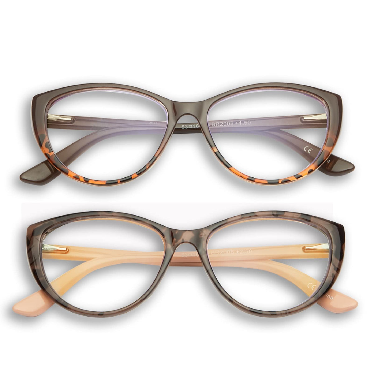 GINGEREYE Cat Eye Reading Glasses for Women, 2-Pack Fashion Ladies Blue Light Reader +1.5,Anti Glare Eyeglasses W/Spring Hinge