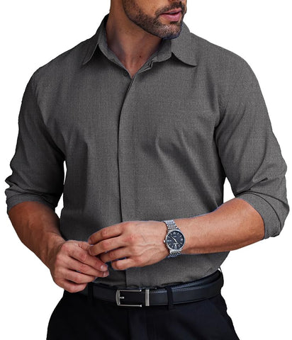 COOFANDY Men's Formal Dress Shirt Hidden Button Front 2024 Fall Clothing Wrinkle Free Soft Work Office Shirt Regular Fit Stretch Uniform Business Casual Shirts Dark Grey Gray Small