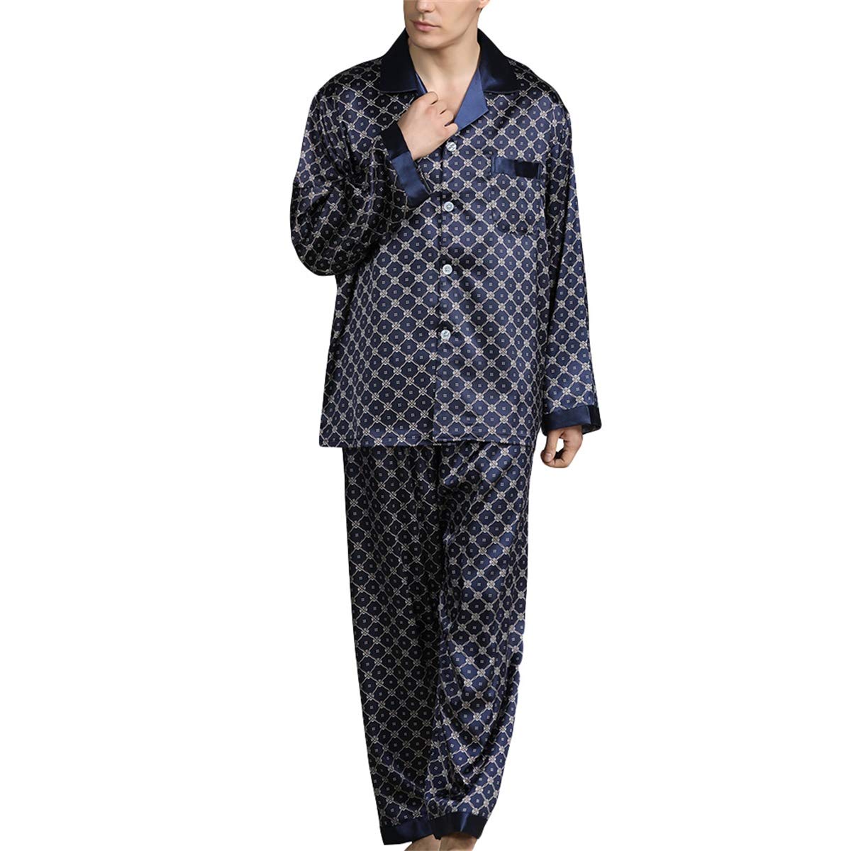 Mens Pyjamas Geometric Print Long-sleeved Pajamas for Men Sleepwear Two Pieces Thin Pyjama Set, Type 13, XL