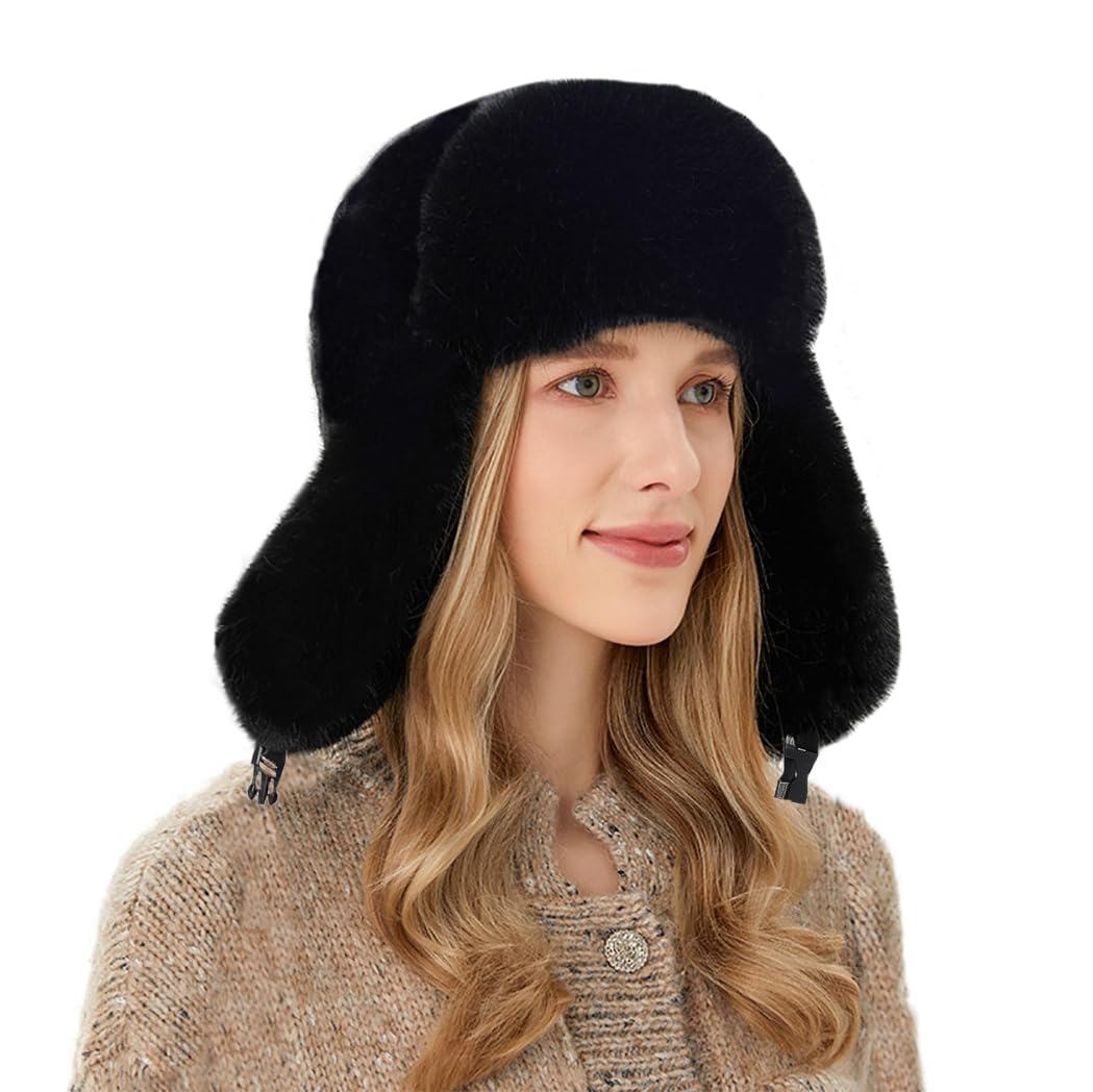 SIQITECHUK Women Trapper Hat Trooper Hats Winter Bomber Hat Russian Ushanka Hat Hunting Hat Faux Fur Hat with Earflaps Aviator Winter Cap Windproof Thermal Hiking Ski Hat Trooper Hat for Outing Black